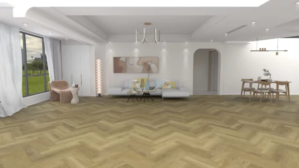 Ornato Herringbone Oak Sofia hybrid flooring scene in a contemporary room