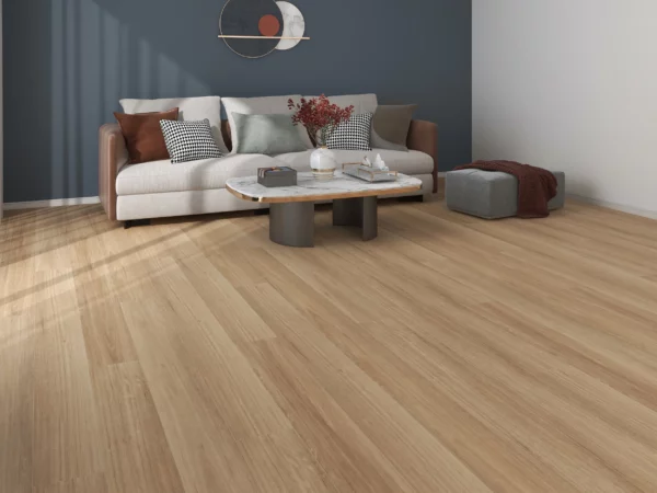 Swish Aqua Spotted Gum Light laminate flooring in an open-plan living room