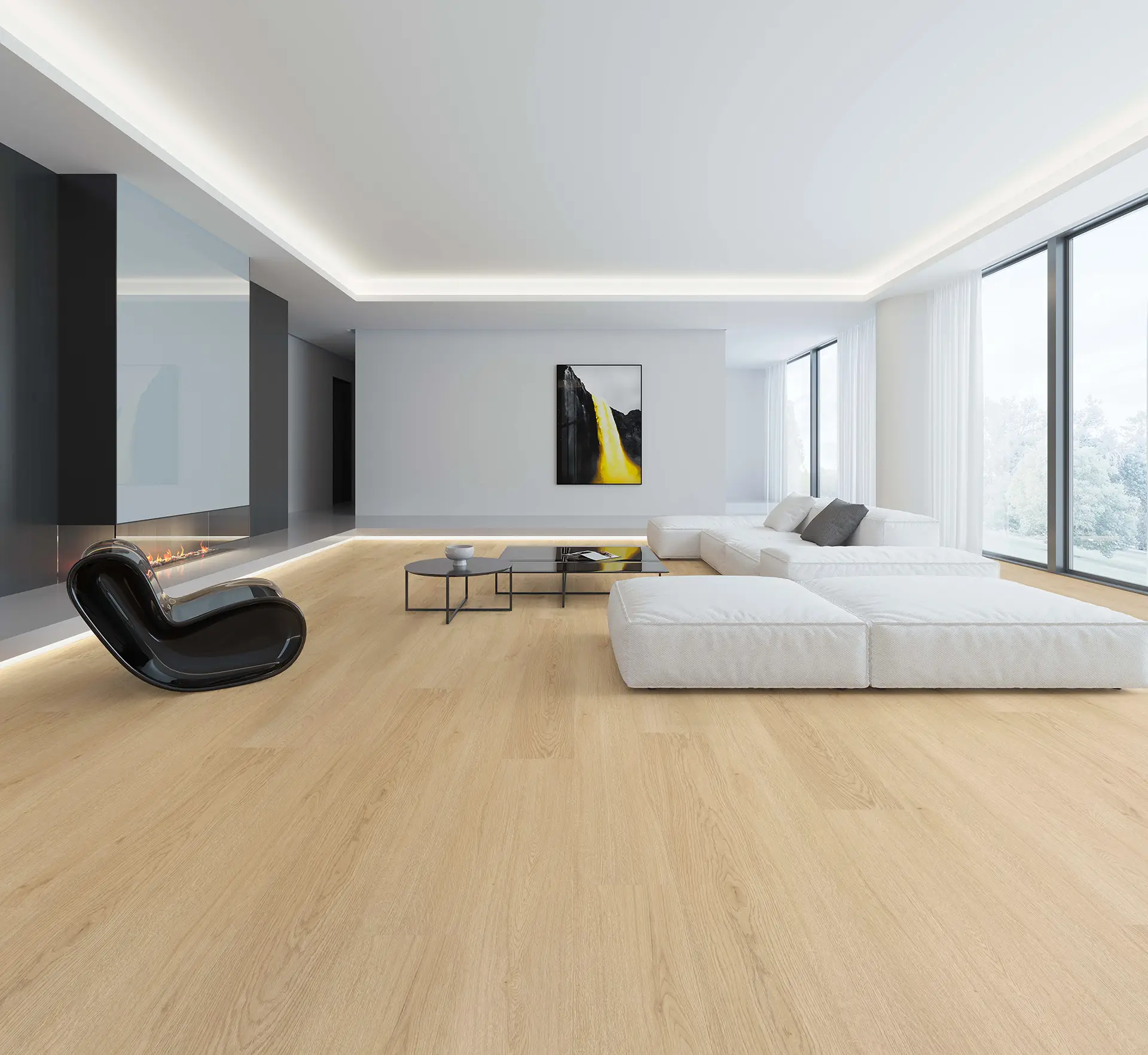 Aqua Stone 8.5 Harvest hybrid flooring scene with warm timber-look planks