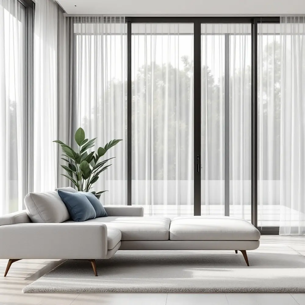 White S-fold sheer curtains over sliding doors in a modern living room