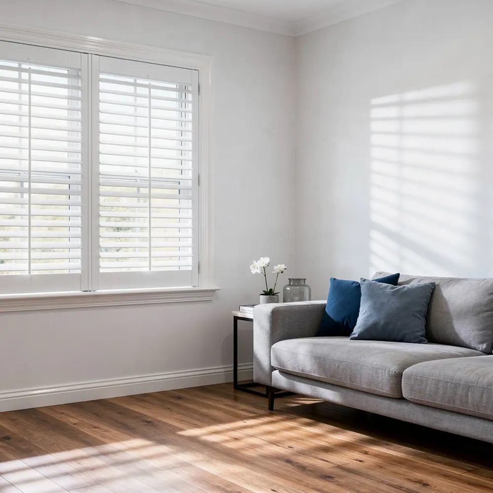 White aluminium plantation shutters in a Brisbane living room with timber flooring