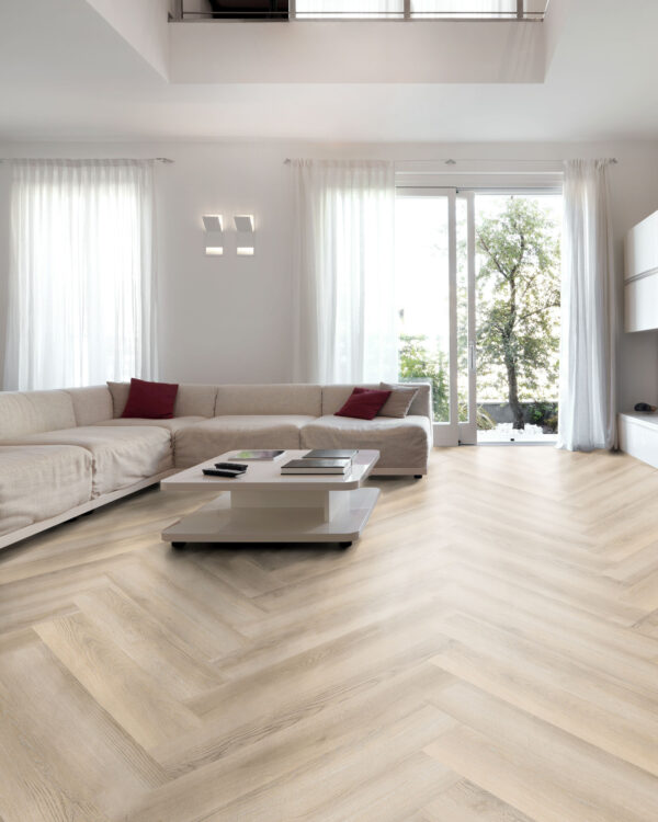 ArtiFloor Premium Herringbone Hamptons Haze vinyl flooring installed in a living room