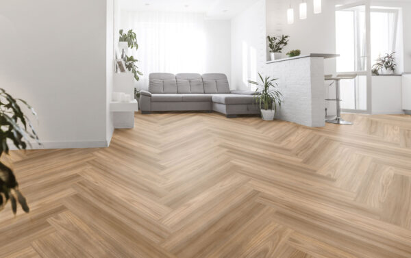 ArtiFloor Premium Herringbone Honeycomb Ash vinyl flooring installed in an open-plan living room