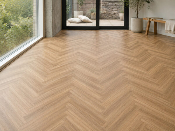 ArtiFloor Premium Herringbone Honeycomb Ash vinyl flooring installed in a sunlit living room