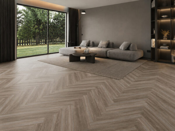 ArtiFloor Premium Herringbone Grey River Pine vinyl flooring installed in a living room