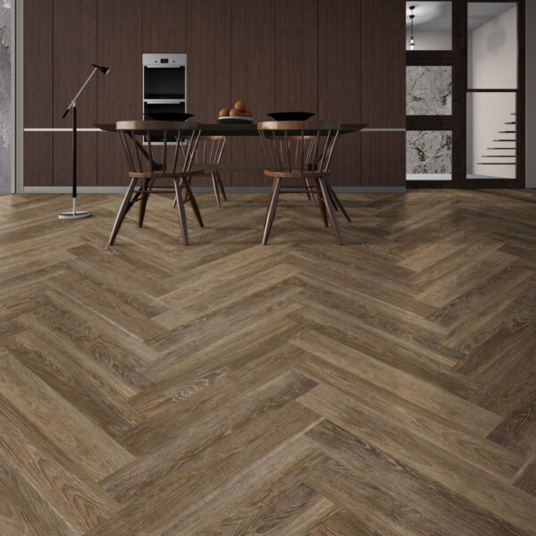 ArtiFloor Premium Herringbone Rustic Path vinyl flooring installed in a dining room
