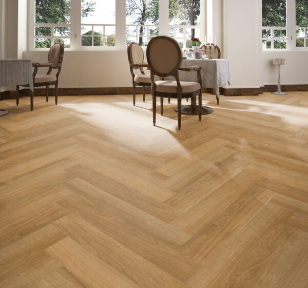 ArtiFloor Premium Herringbone Sierra Oak vinyl flooring installed in a dining room