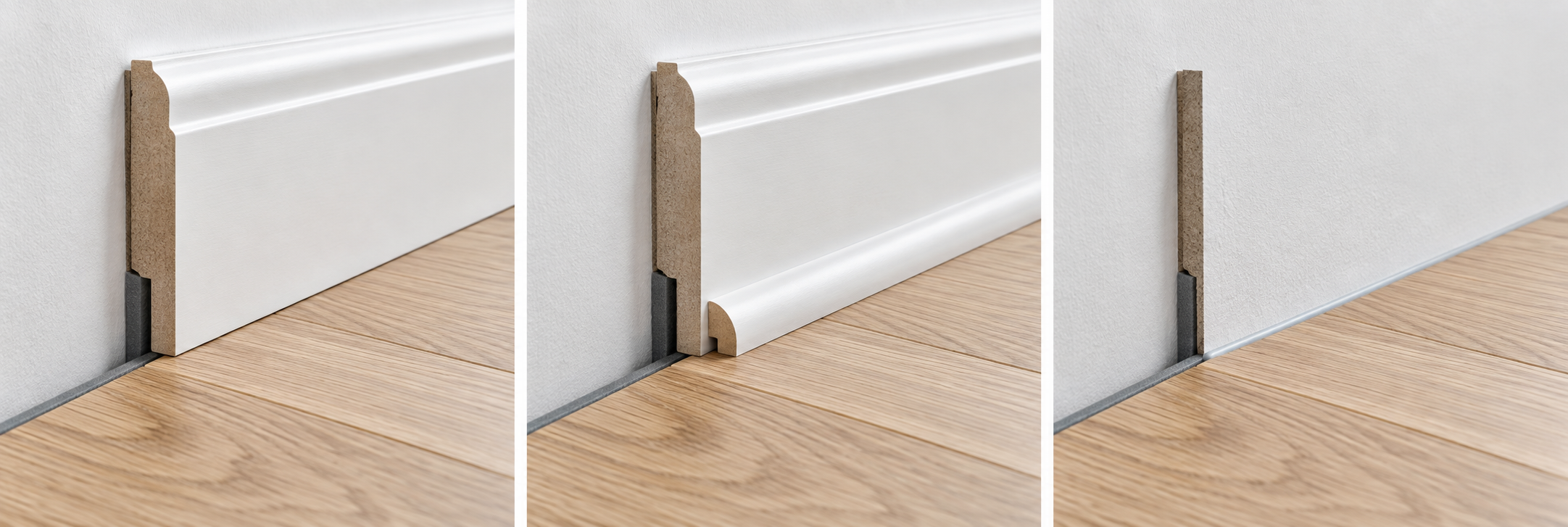 Full-height skirting board covering the floor expansion gap at the wall