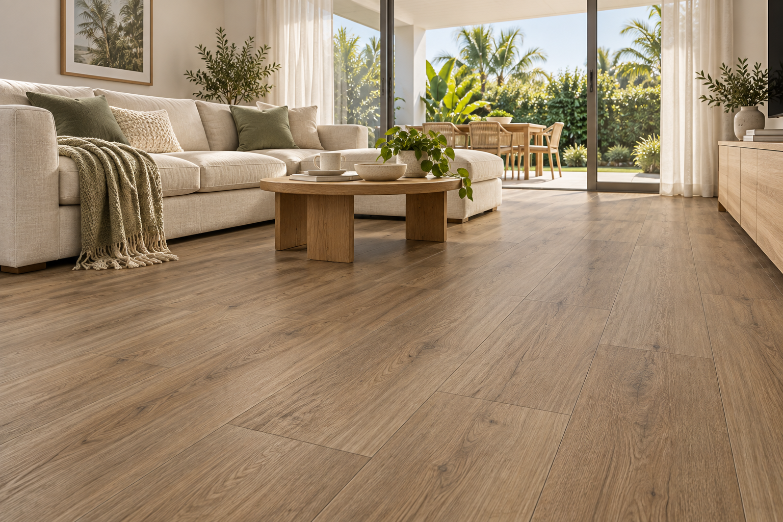 Illustrative living room showing BestBuys Neutral Oak 8mm hybrid flooring