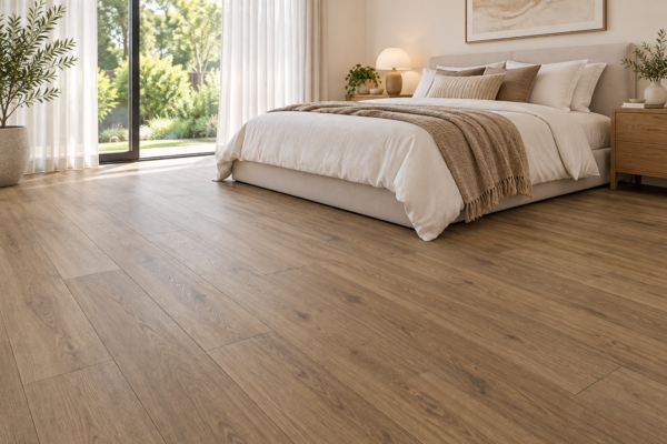 Illustrative bedroom showing BestBuys Neutral Oak 8mm hybrid flooring