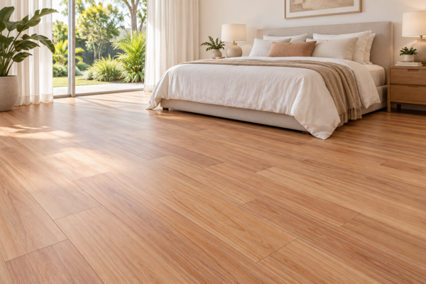 Illustrative bedroom showing BestBuys Coastal Blackbutt 8mm hybrid flooring