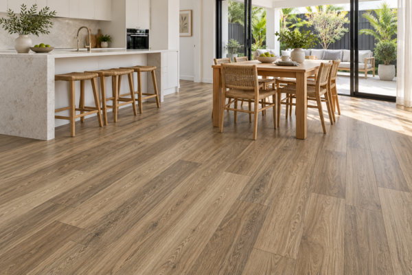 Illustrative kitchen showing BestBuys QLD Spotted Gum 8mm hybrid flooring