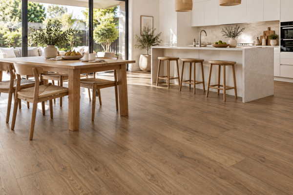Illustrative kitchen showing BestBuys Neutral Oak 8mm hybrid flooring