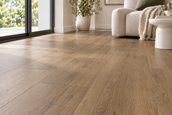 Illustrative floor-focused room scene showing BestBuys Neutral Oak 8mm hybrid flooring