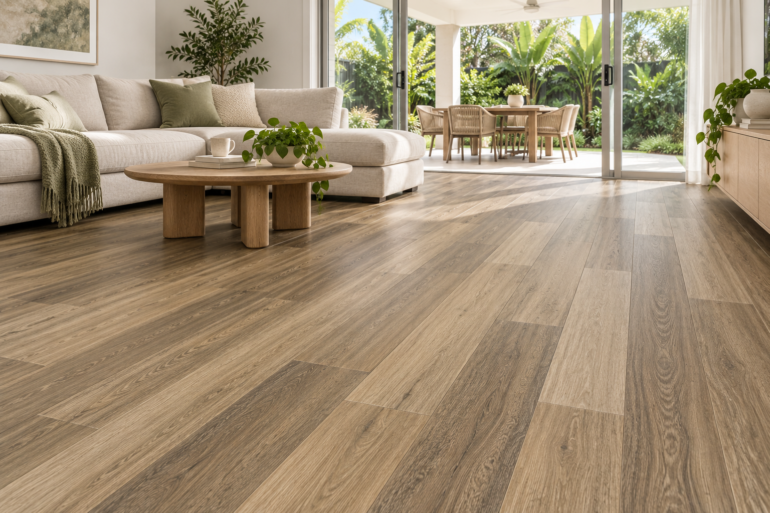 Illustrative living room showing BestBuys QLD Spotted Gum 8mm hybrid flooring