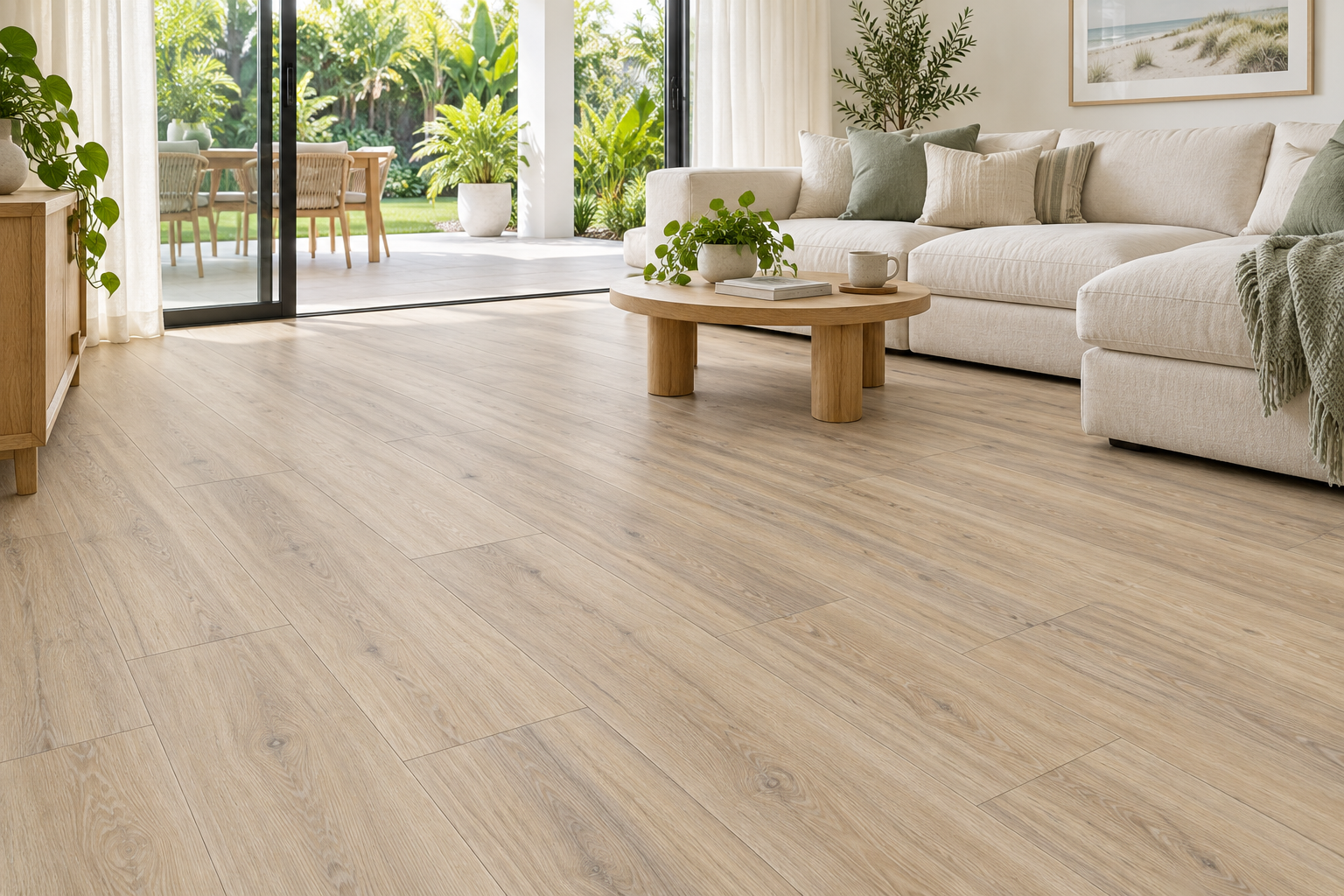 Illustrative living room showing BestBuys Driftwood 8mm hybrid flooring