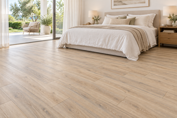 Illustrative bedroom showing BestBuys Driftwood 8mm hybrid flooring
