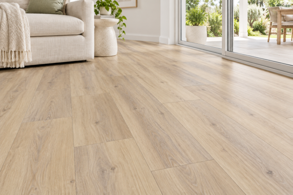 Illustrative floor-focused room scene showing BestBuys Driftwood 8mm hybrid flooring