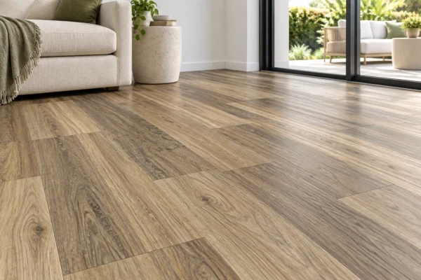 Illustrative floor-focused room scene showing BestBuys QLD Spotted Gum 8mm hybrid flooring