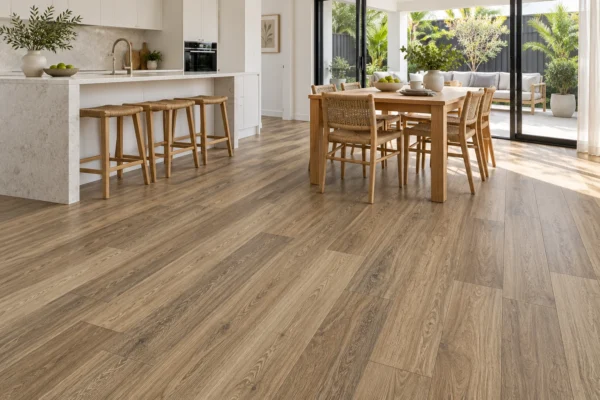 Illustrative kitchen showing BestBuys QLD Spotted Gum 8mm hybrid flooring