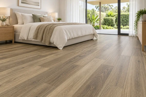 Illustrative bedroom showing BestBuys QLD Spotted Gum 8mm hybrid flooring