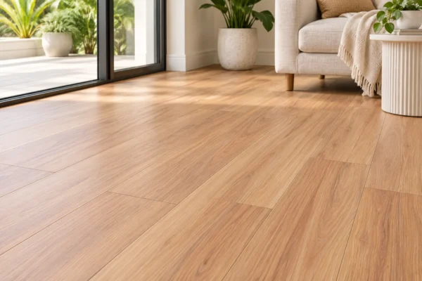Illustrative floor-focused room scene showing BestBuys Coastal Blackbutt 8mm hybrid flooring