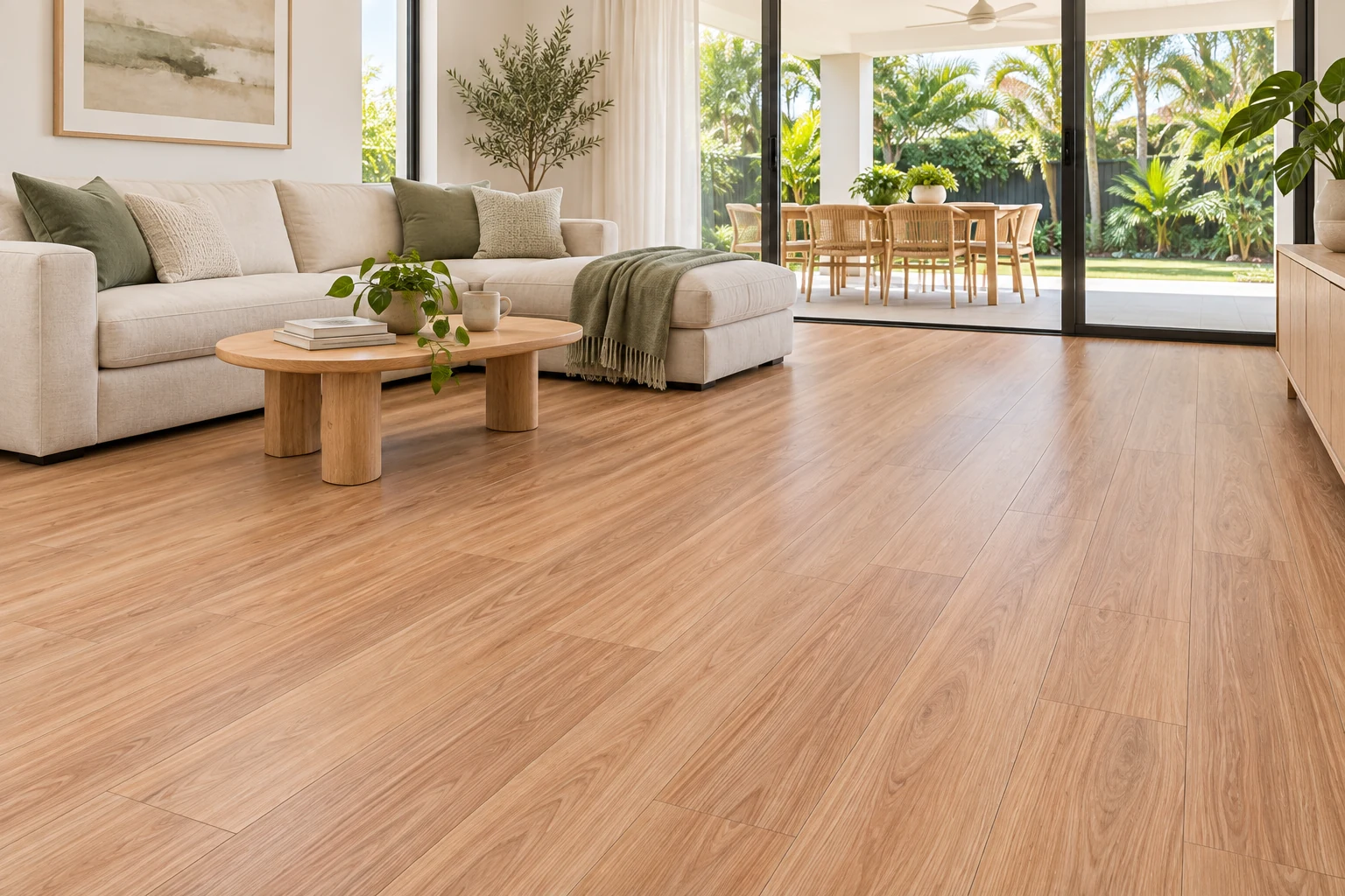 Illustrative living room showing BestBuys Coastal Blackbutt 8mm hybrid flooring