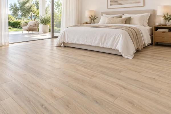Illustrative bedroom showing BestBuys Driftwood 8mm hybrid flooring