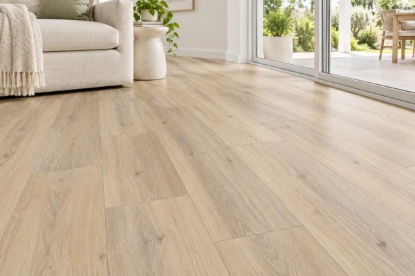 Illustrative floor-focused room scene showing BestBuys Driftwood 8mm hybrid flooring